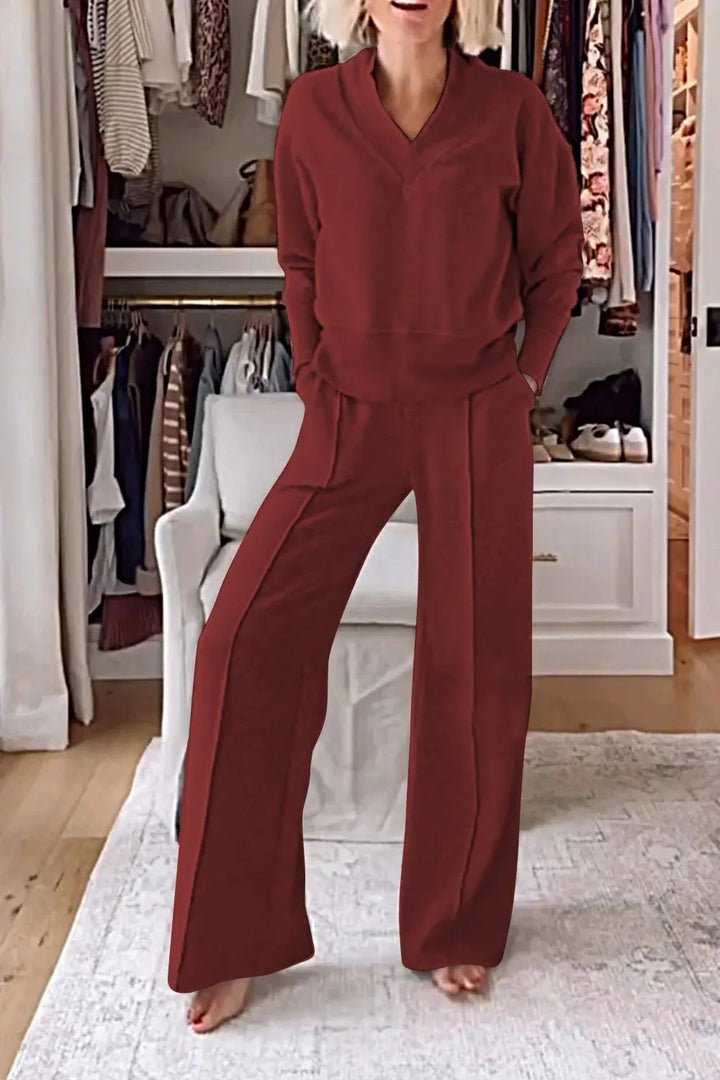 LuxeEase™ - Solid V-Neck Top & Pants 2-Piece Set for Women