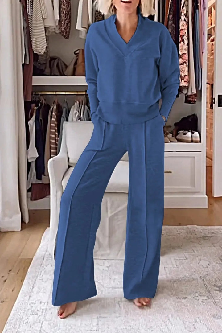 LuxeEase™ - Solid V-Neck Top & Pants 2-Piece Set for Women