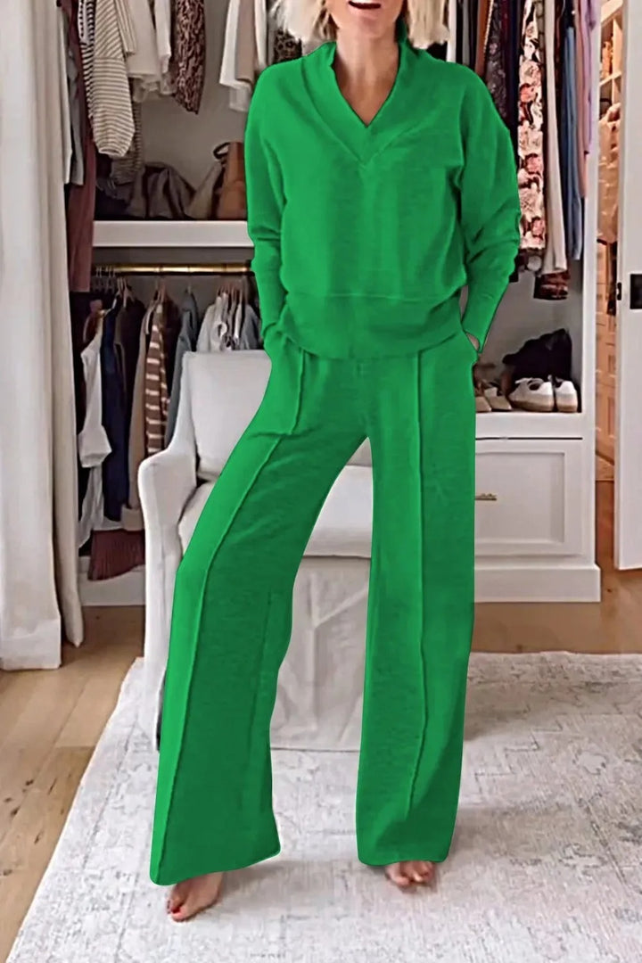 LuxeEase™ - Solid V-Neck Top & Pants 2-Piece Set for Women