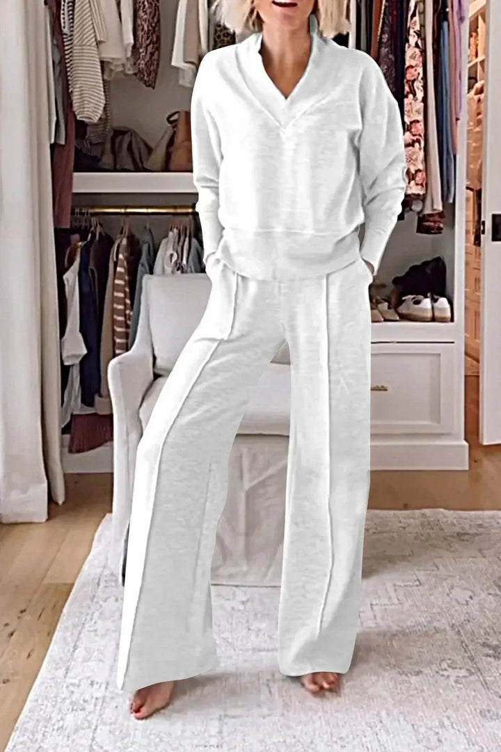 LuxeEase™ - Solid V-Neck Top & Pants 2-Piece Set for Women